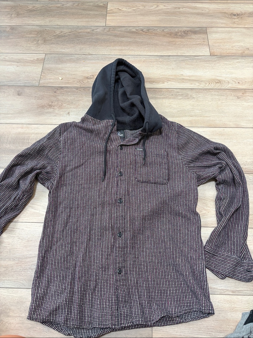 Volcom Men's Black Hooded Button-Up Jacket with Burgundy Check